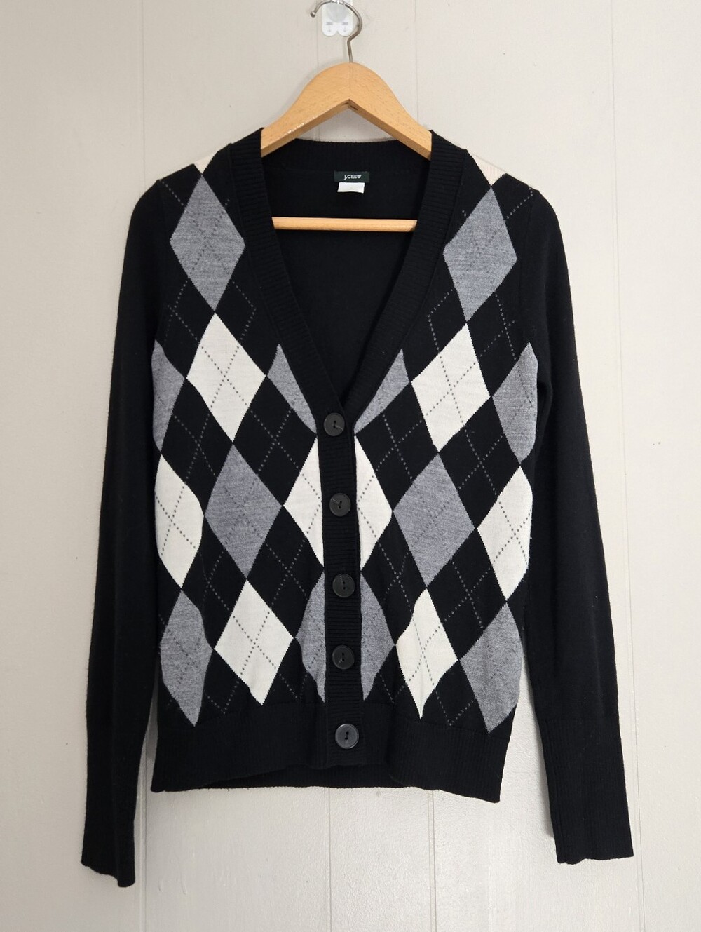 J. Crew Vintage Argyle Cardigan S Merino Wool Black Gray Preppy Dark Academia